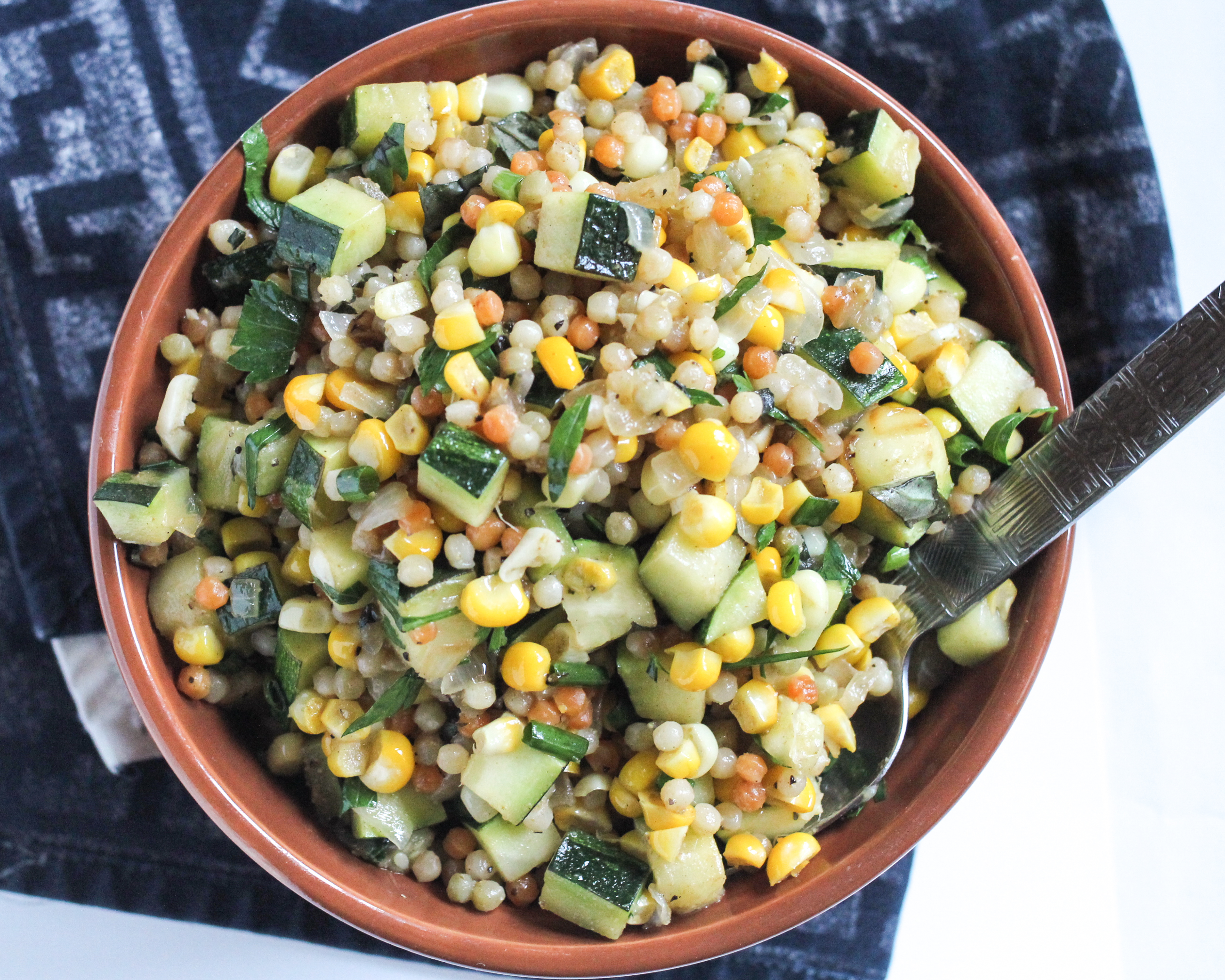 Pearl Couscous with Zucchini, Corn and Herbs
